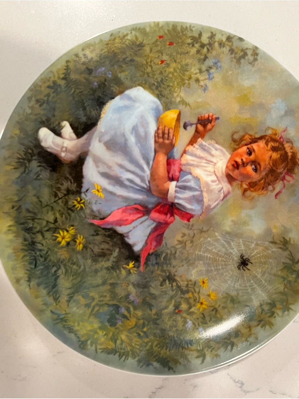 Decorative Porcelain Plate Featuring Young Girl in White Dress with Pink Sash